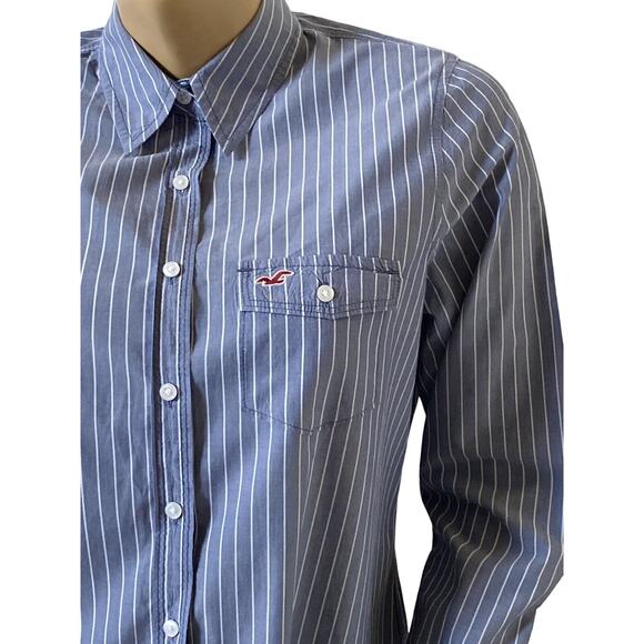 Hollister Blue White Striped Collared Button Up Shirt Women's Large - Picture 5 of 8
